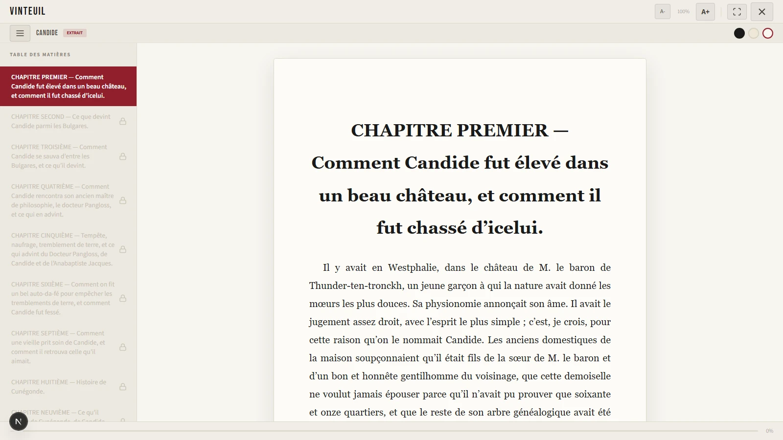 La table des matières du lecteur Vinteuil, avec le premier chapitre de Candide sélectionné