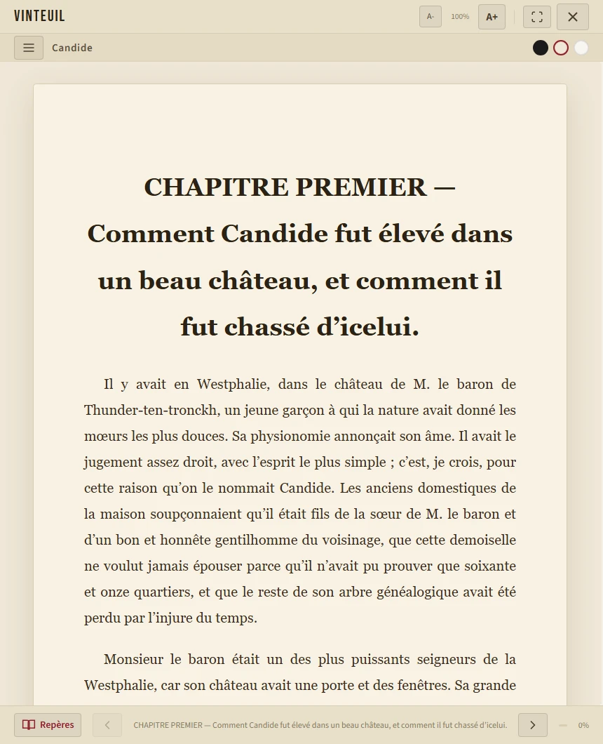 Le lecteur ebook Vinteuil : Candide en thème sépia, avec réglage du texte et accès aux repères.