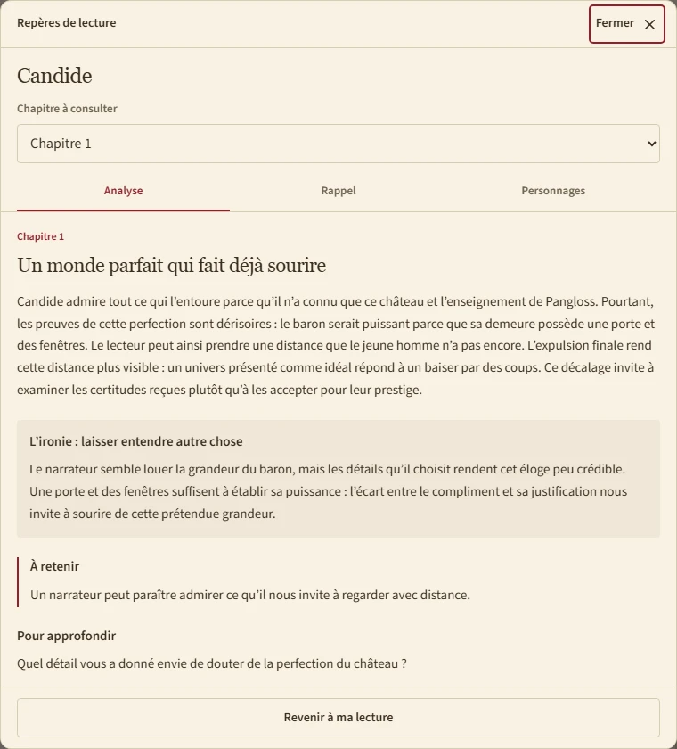 Le guide du premier chapitre de Candide : analyse de l’ironie, idée à retenir, question pour approfondir, onglets Rappel et Personnages.